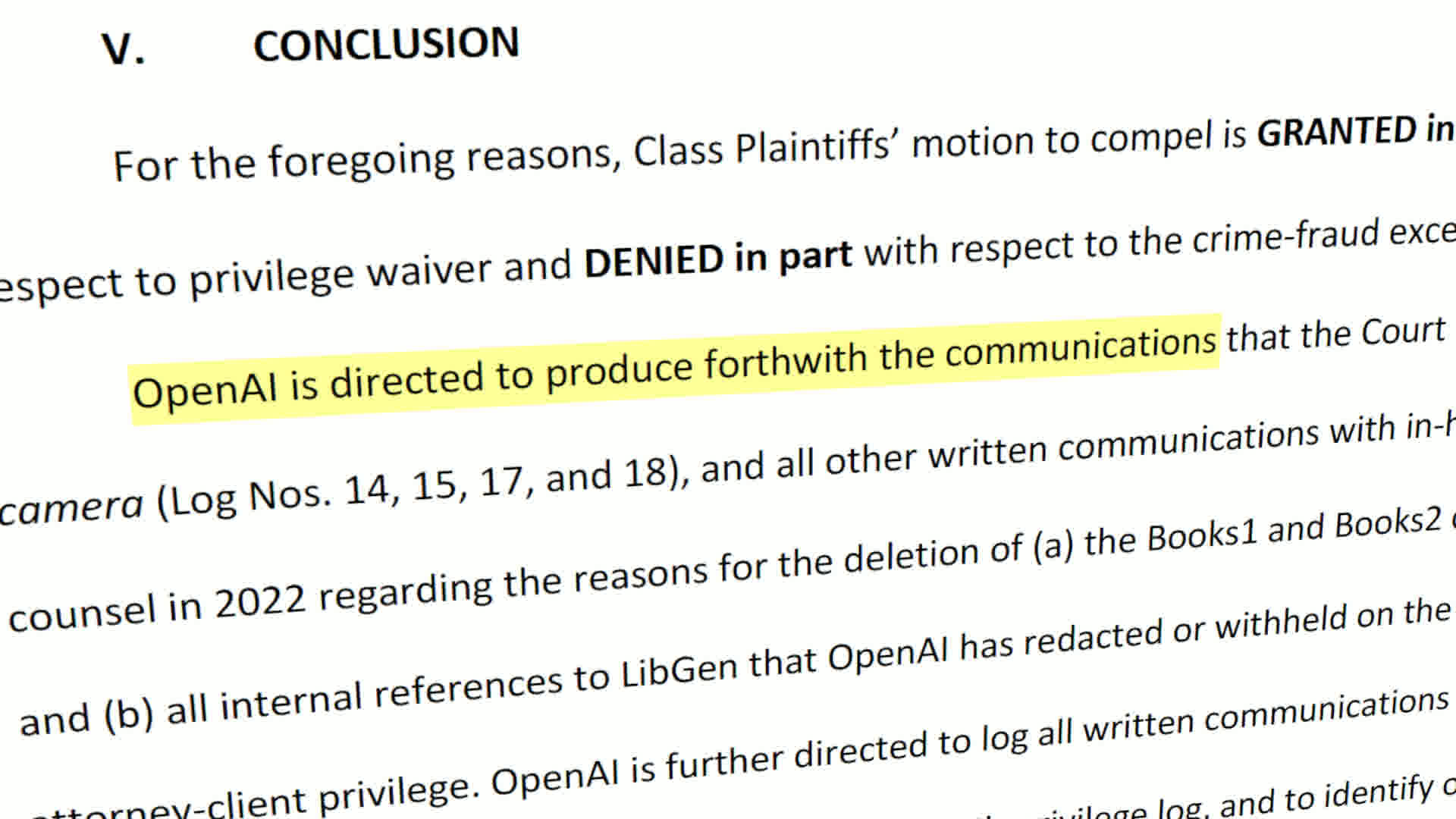 Wang判事による命令書の一部のスクリーンショット。「OpenAI is directed to produce forthwith the communications」の部分が強調されている。2025年12月2日作成。