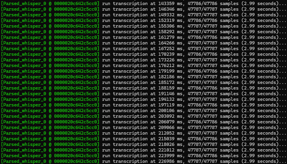 FFmpeg8.0のWhisperフィルターを用いて文字起こしをしている様子