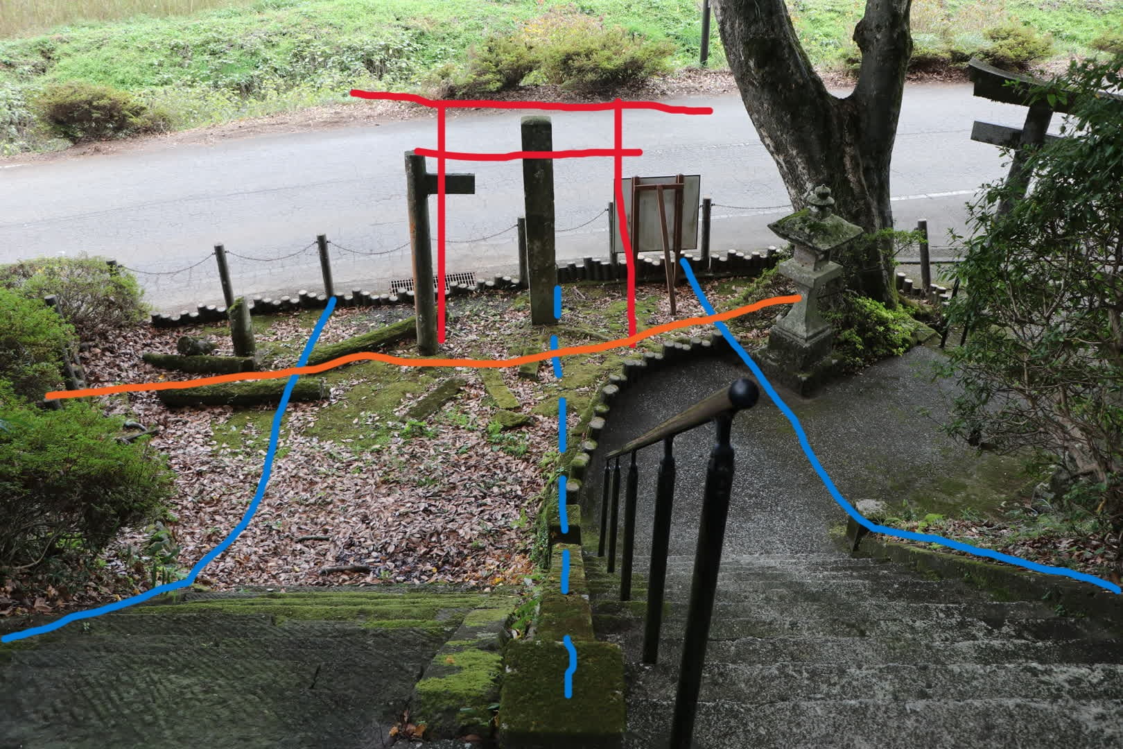 火雷神社を本殿サイドから見たものに線を付けたもの