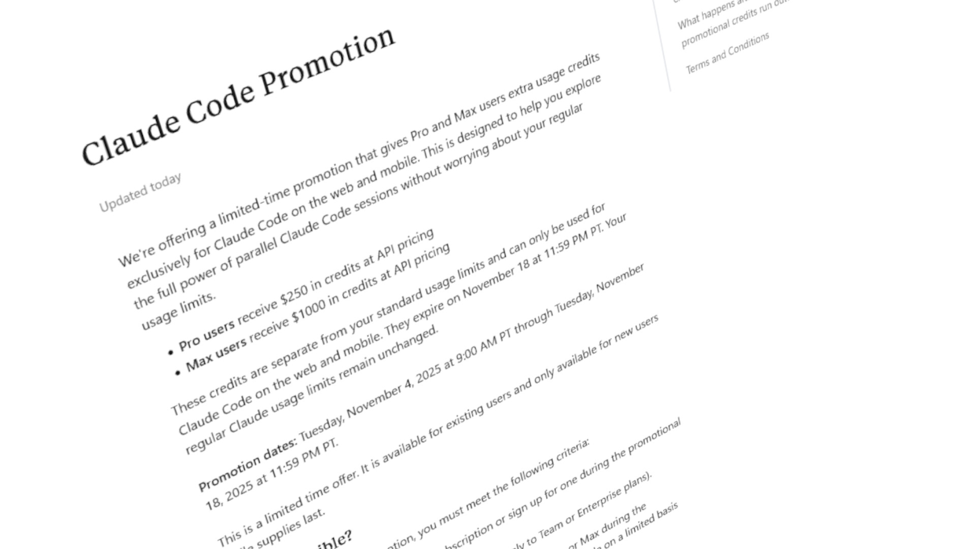 「Claude Code on Web」の無償クレジット付与に関するWebページのスクリーンショット。2025年11月5日時点。