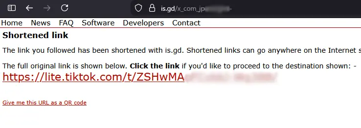 「地震予知を行っていたユーザーへのリンク」とされていたのが、実は「TikTok Liteへのリンク」であったことを示す における短縮リンクの画像。ユーザーが誤ってアクセスしないよう一部モザイクをかけている。