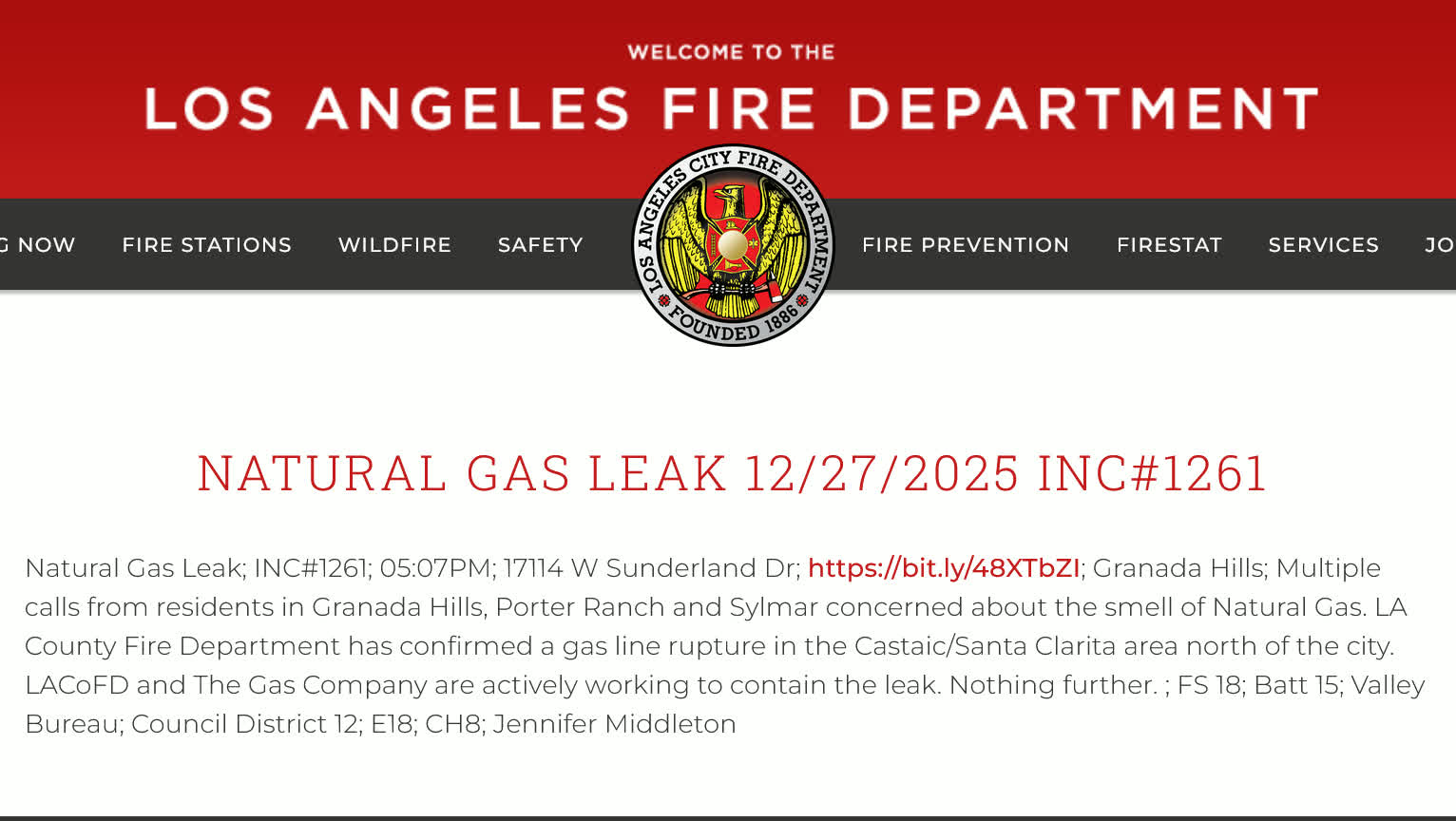天然ガスの漏出を伝えるLAFDのWebサイトのスクリーンショット。2025年12月29日撮影。