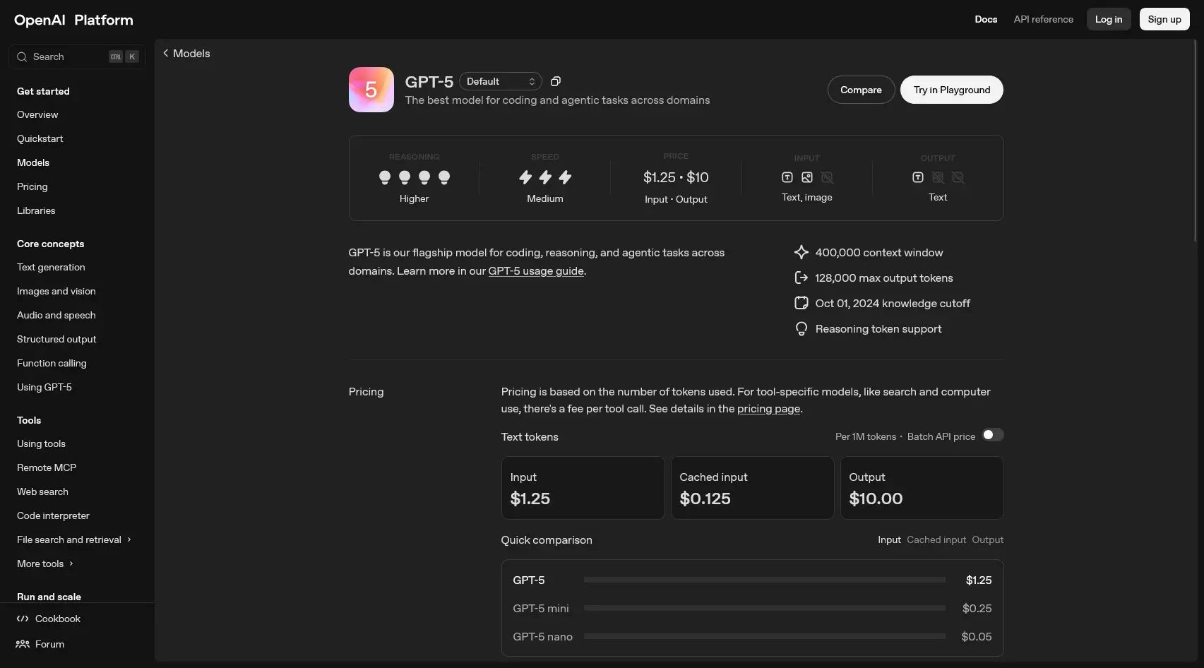 2025/08/08時点での https://platform.openai.com/docs/models/gpt-5 のスクリーンショット