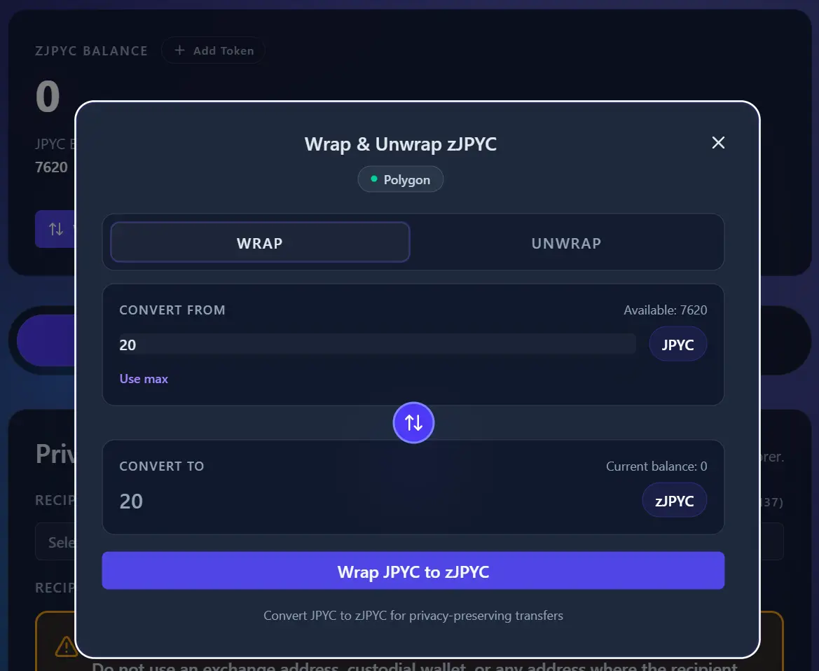 zERC20のWebサイト上で20JPYCを20zJPYCにする様子のスクリーンショット。