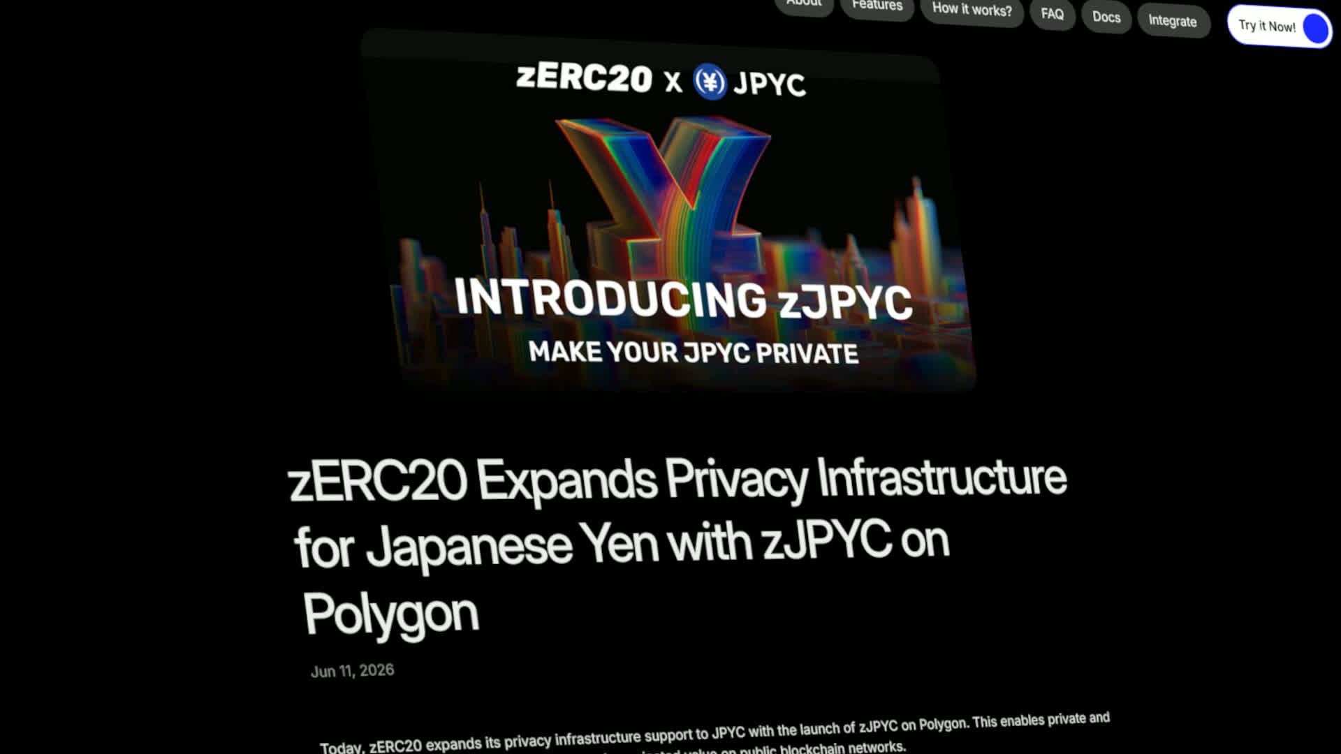 「zJPYC」のローンチを報告するzERC20サイトのスクリーンショット。