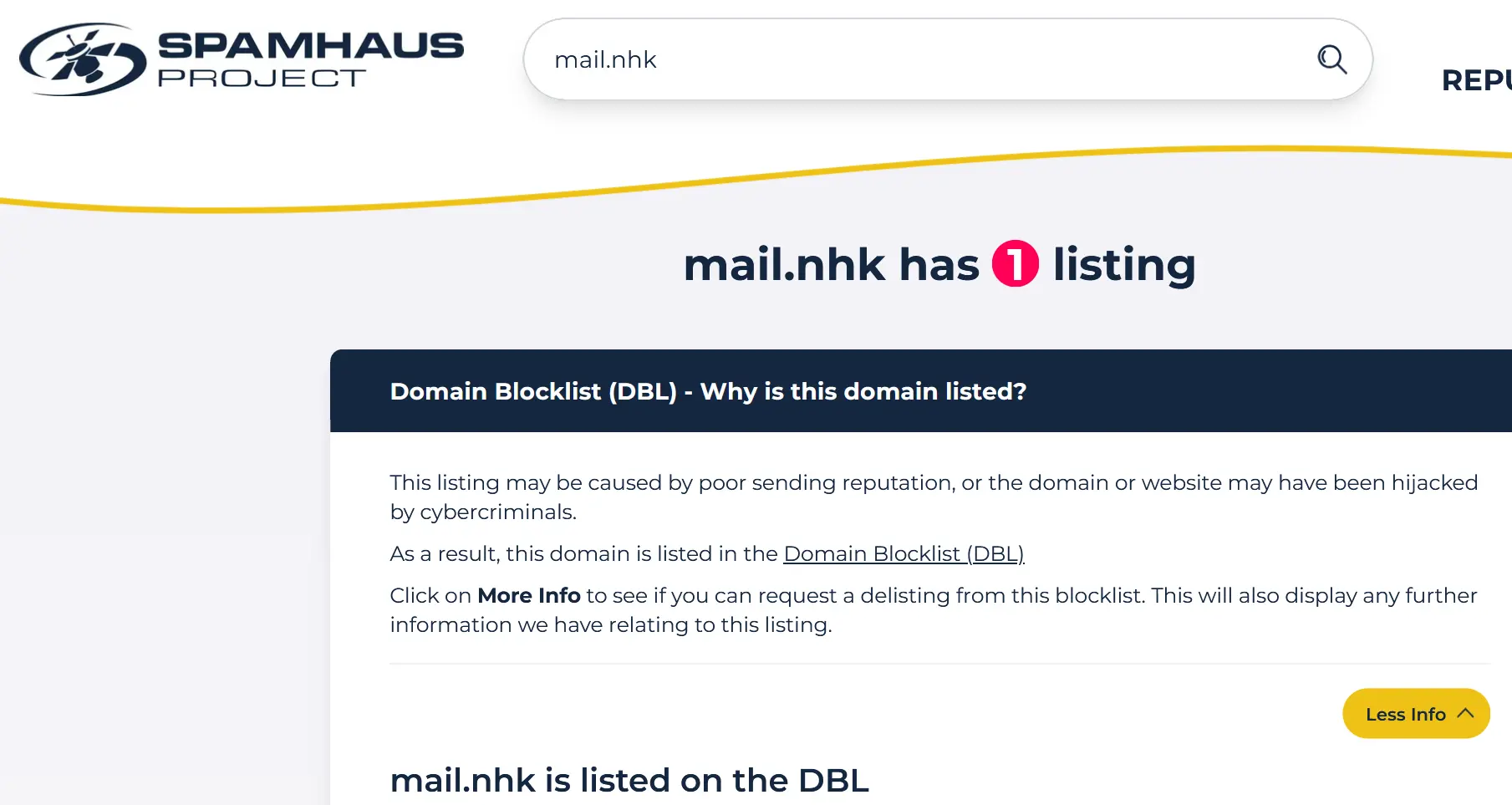 SpamhausのDBLにおいて「mail[.]nhk」がブロックされている様子。