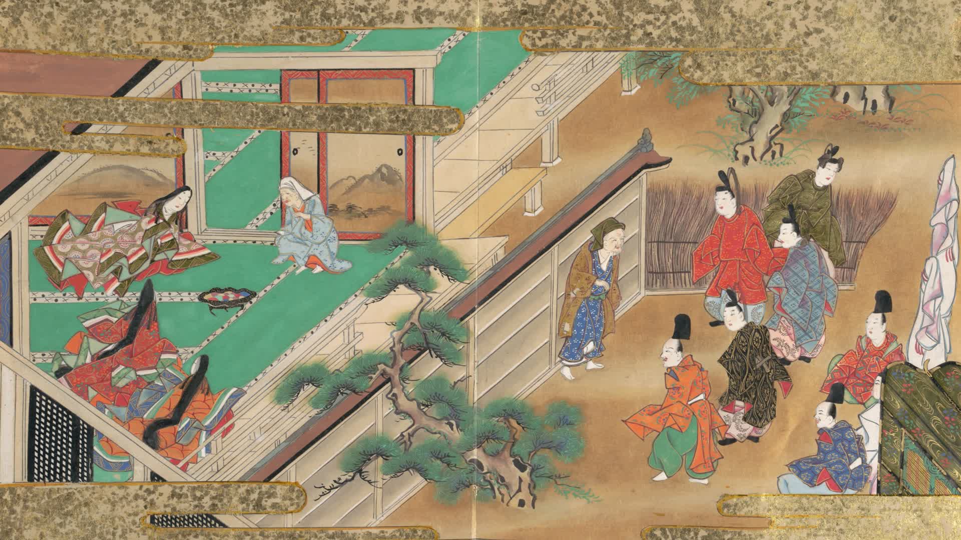 クソ男どもの相手をする翁。メトロポリタン美術館所蔵「竹取物語絵巻」より。