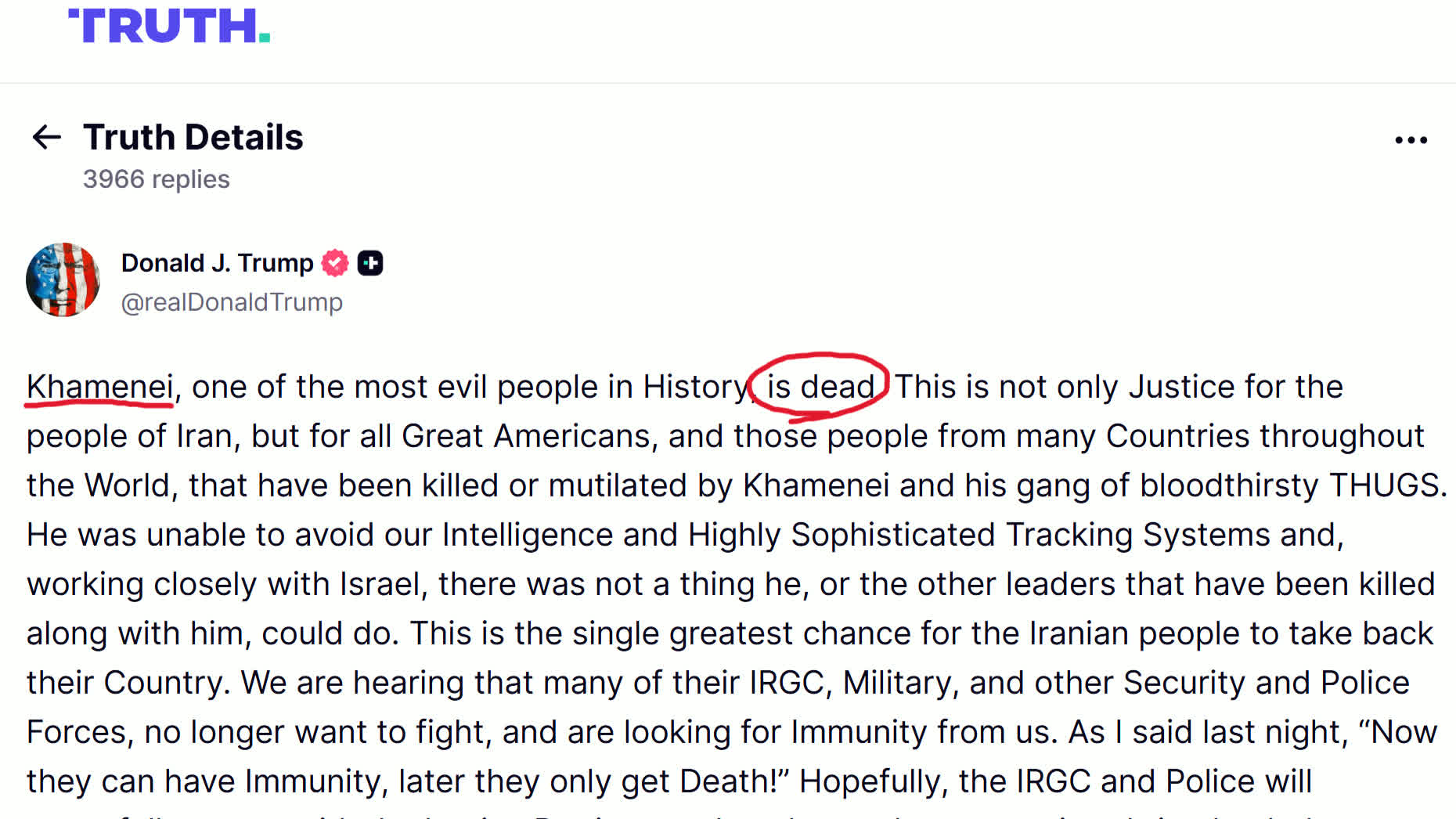 トランプ大統領によるTruth Socialへの投稿のスクリーンショット。「Khamenei」及び「is dead」を強調した。