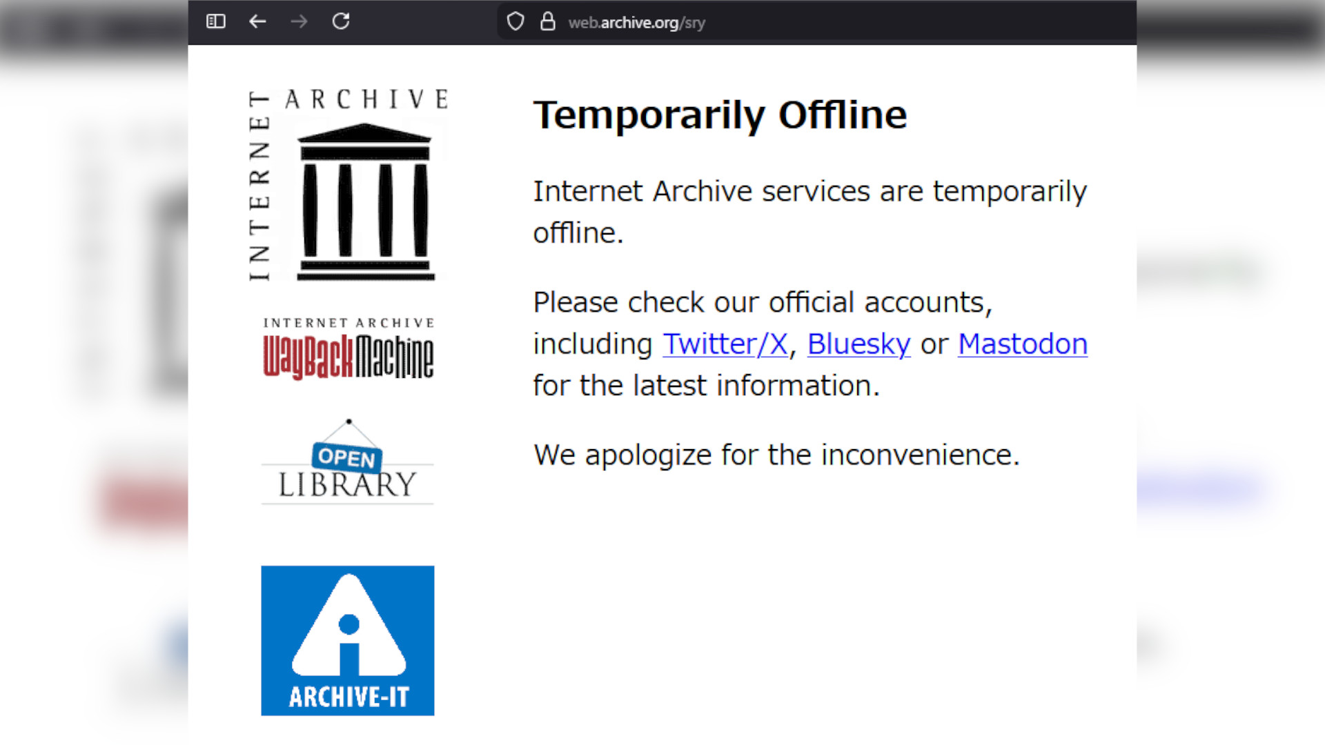 「WaybackMachine」が「Temporarily Offline」を表示している様子のスクリーンショット。2025/11/20、19時20分時点のスクリーンショット