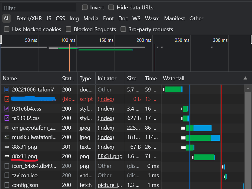修正前のネットワークタブ